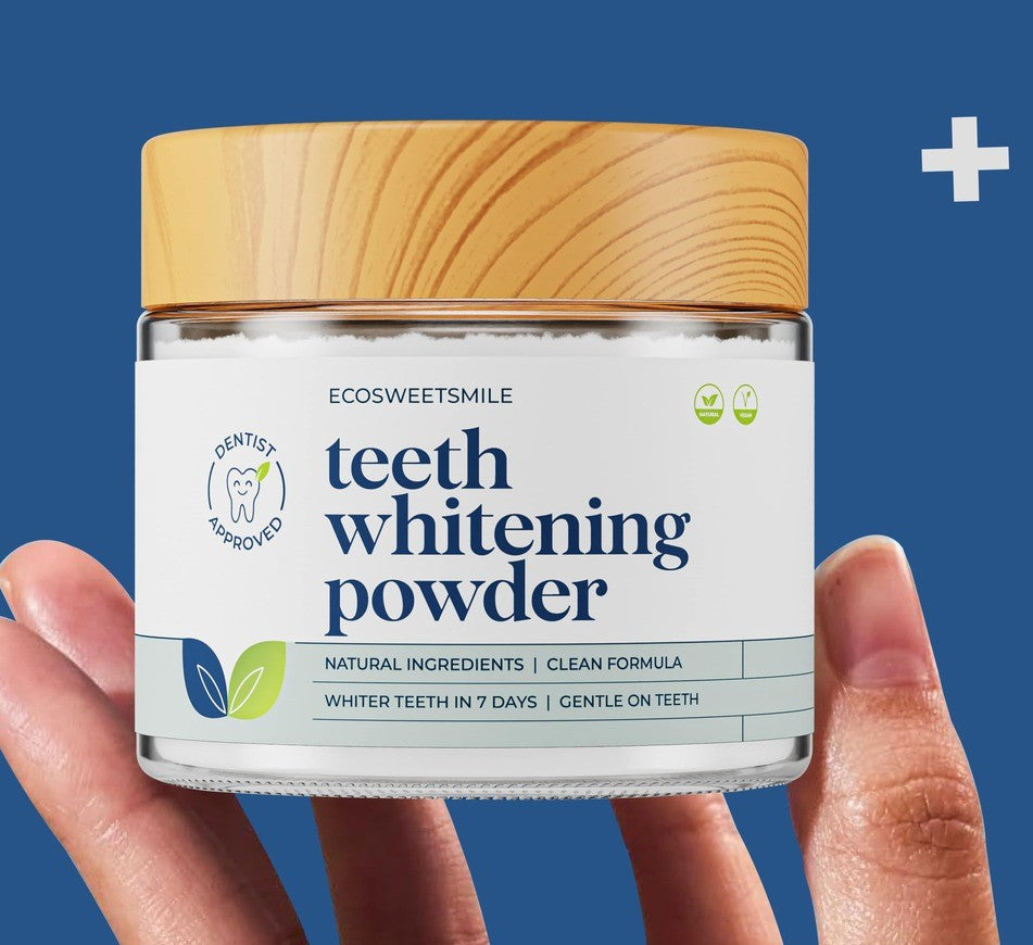 Ecosweetsmile tooth whitening powder jar held delicately by fingertips